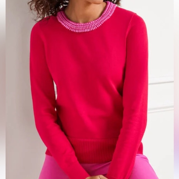 Talbots Beaded Crewneck Pullover Red Cotton Pink Beads - Picture 4 of 8
